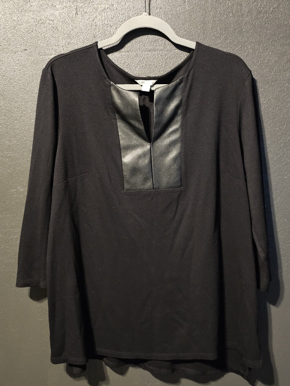 Women's Black Faux Leather Trim V Neck Tunic